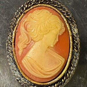 Peri Vintage Oval Cameo Brooch Pendant Gold Tone Rope Border Coral Cream